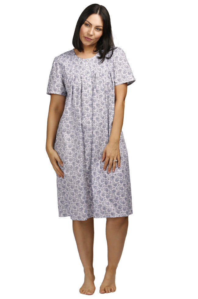 Lightweight pink paisley cotton nightie with short sleeves and button front by SCHRANK.