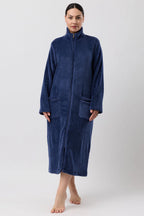Navy mid-length fleece zip dressing gown by SCHRANK, cozy sleepwear with front zipper and soft texture.