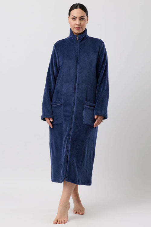 Navy mid-length fleece zip dressing gown by SCHRANK, cozy sleepwear with front zipper and soft texture.
