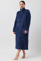 Navy mid-length fleece zip dressing gown from Schranks sleepwear collection, featuring a cozy hood and front zipper.