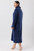 Navy fleece zip dressing gown from Schranks mid-length sleepwear collection, featuring a cozy hood and front zipper.