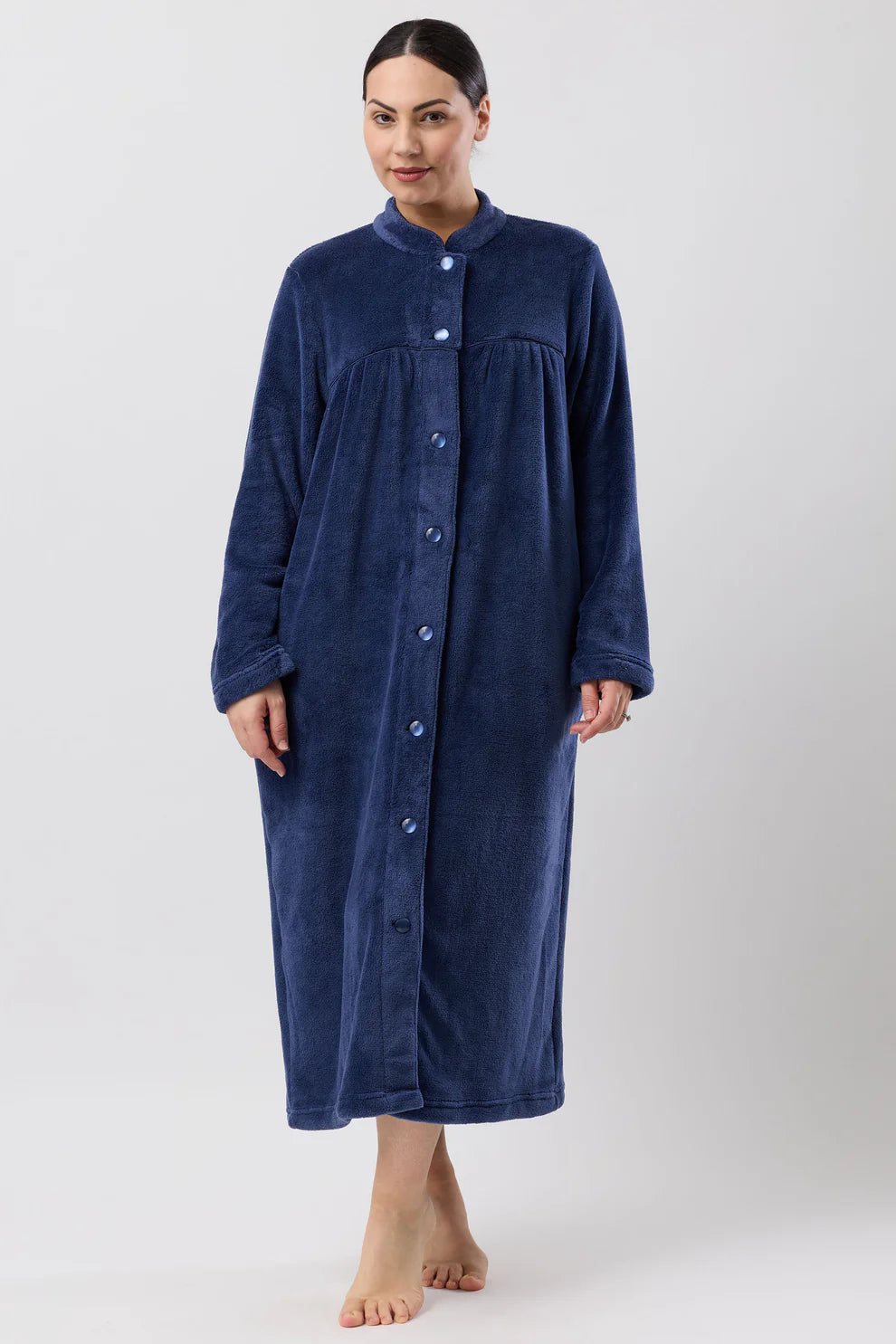 Navy fleece button-down dressing gown from Schranks sleepwear collection, mid-length with cozy, soft fabric and relaxed fit.