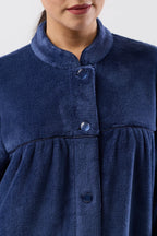 Navy blue Schrank fleece button-down dressing gown in mid-length, cozy sleepwear with a relaxed fit and front buttons.
