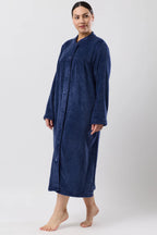 Navy blue Schrunk fleece button-down mid-length dressing gown, cozy sleepwear with front buttons and soft fabric for comfort.