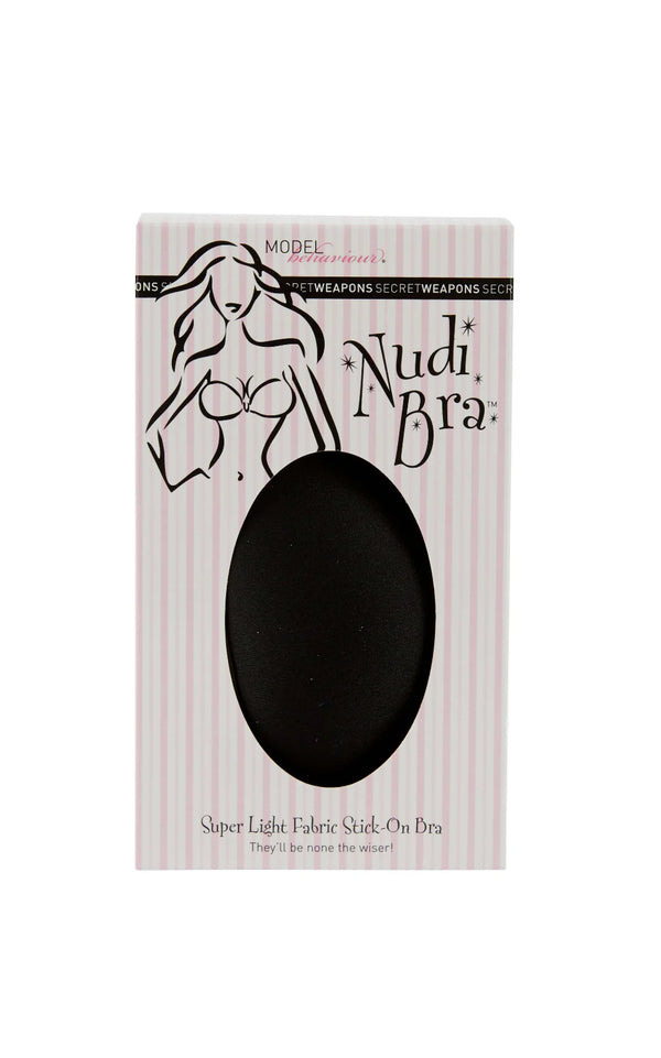 Black Nudi Bra stick-on bra by Secret Weapons, seamless and adhesive, designed for discreet support and a natural look.