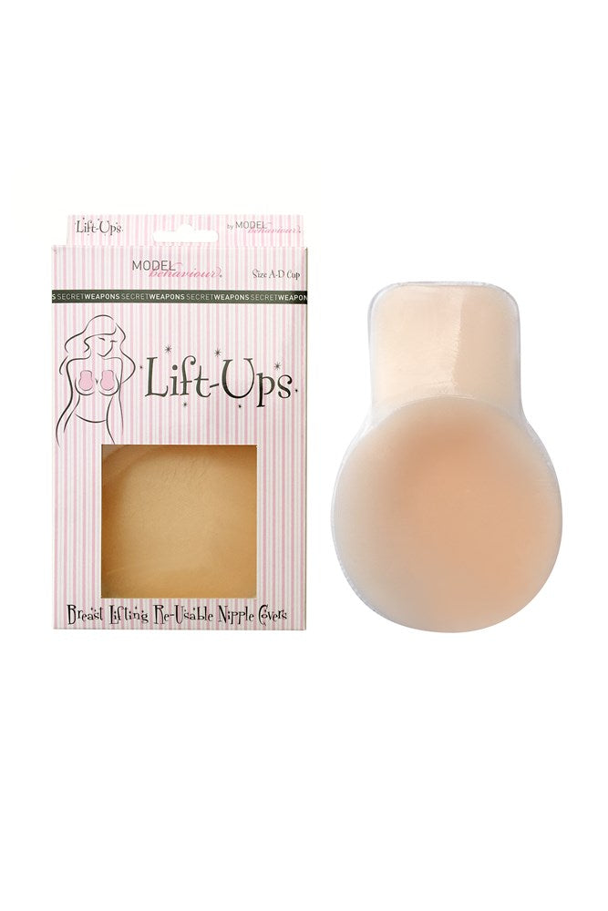 Secret Weapons Lift Ups breast lift nipple covers, discreet skin-toned silicone accessories for enhancing and concealing the nipples.