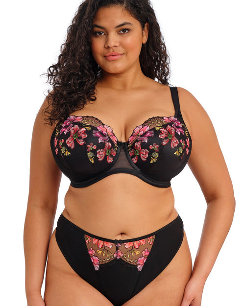 ELOMI Teagan rainbow padded half cup bra with underwire, colorful design, and supportive cups, displayed on a plain background.