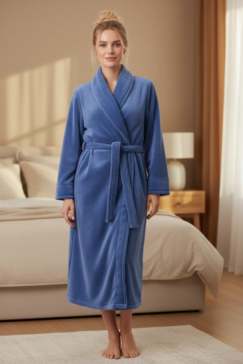 GIVONI fleece mid-length wrap gown sleepwear in soft fabric, shown on a virtual try-on model with a cozy, relaxed fit.