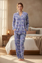 GIVONI Elaine long sleeve sleepwear pyjama in dusk color, soft fabric with a relaxed fit, shown on virtual try-on.
