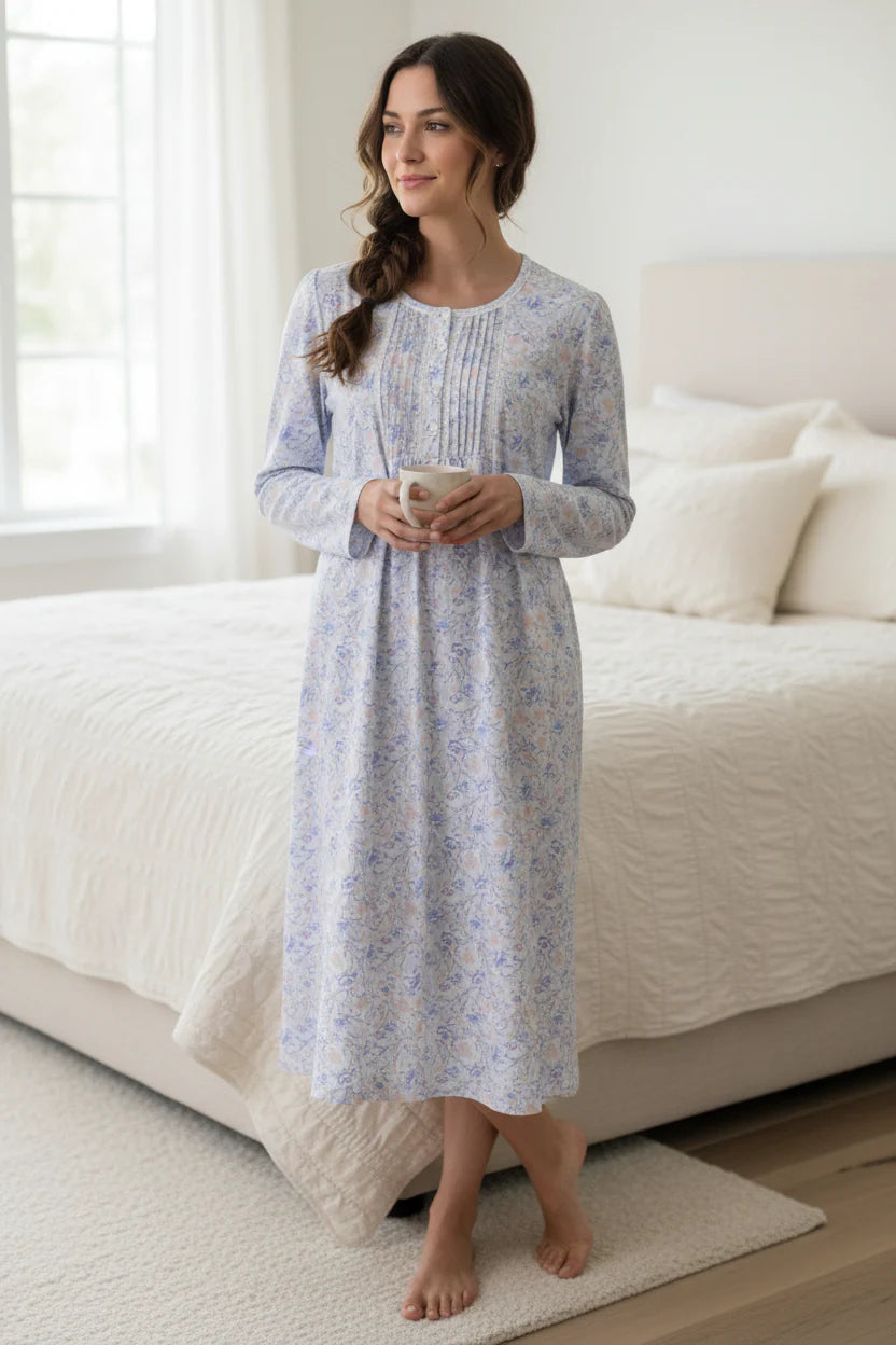Blue GIVONI Poppy mid-length cotton nightie, sleepwear with a relaxed fit and soft fabric, shown in a virtual try-on image.