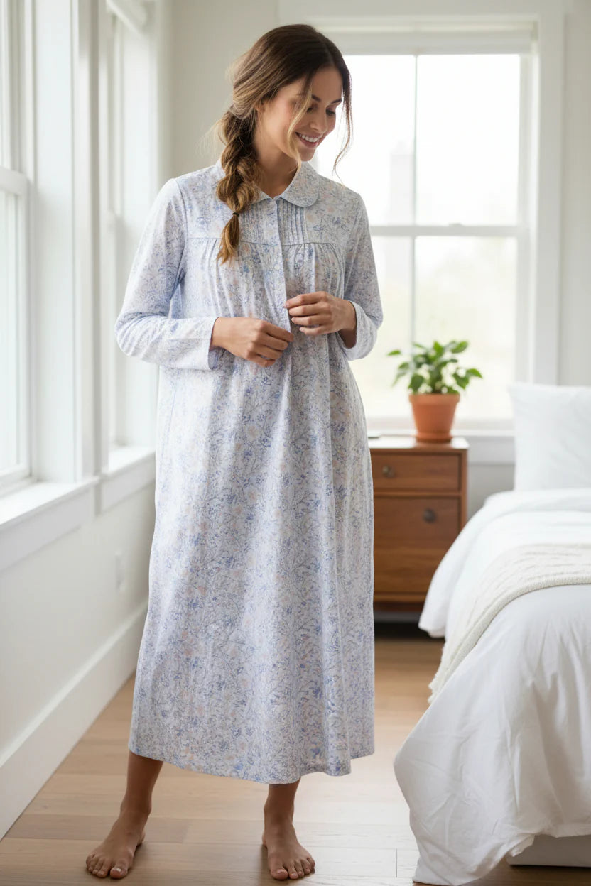 Givoni Poppy mid-length collared nightie in soft sleepwear fabric, displayed on virtual try-on model.