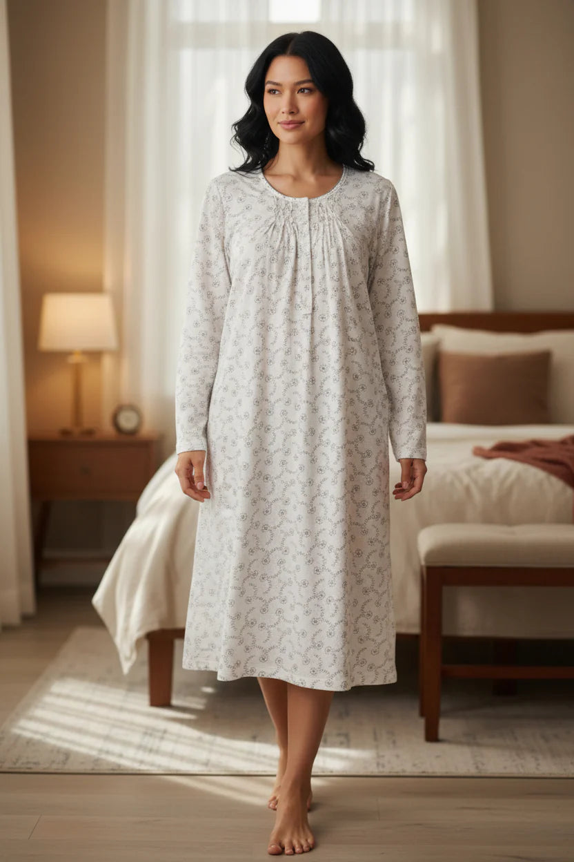 GIVONI Nadia mid-length ivory cotton nightie, soft sleepwear with a relaxed fit, displayed on a virtual try-on model.