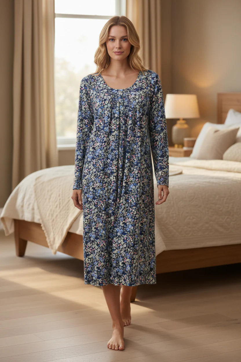 Givoni Ariel royal blue mid-length long sleeve nightie, soft sleepwear with a relaxed fit, shown in a virtual try-on image