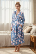 GIVONI Jaclyn mid-length wrap gown in Dusk sleepwear with soft fabric and elegant design, displayed on virtual try-on screen.