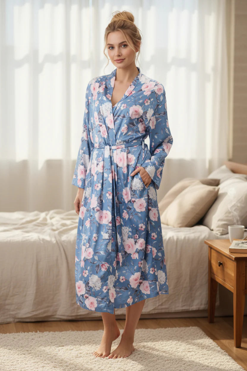 GIVONI Jaclyn mid-length wrap gown in Dusk sleepwear with soft fabric and elegant design, displayed on virtual try-on screen.