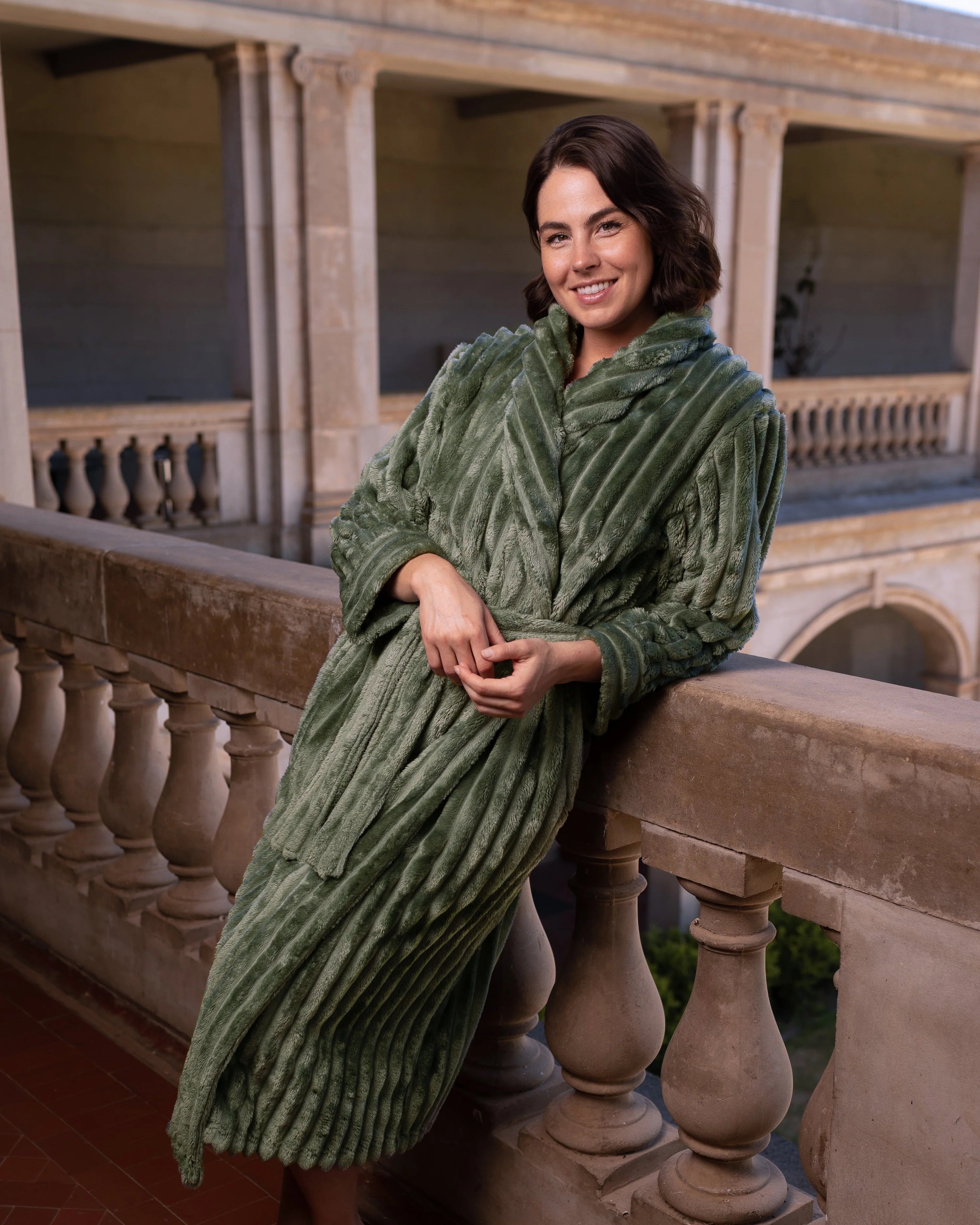 Magnolia olive shawl collar jacquard fleece dressing gown, cozy sleepwear with luxurious textured fabric and relaxed fit.