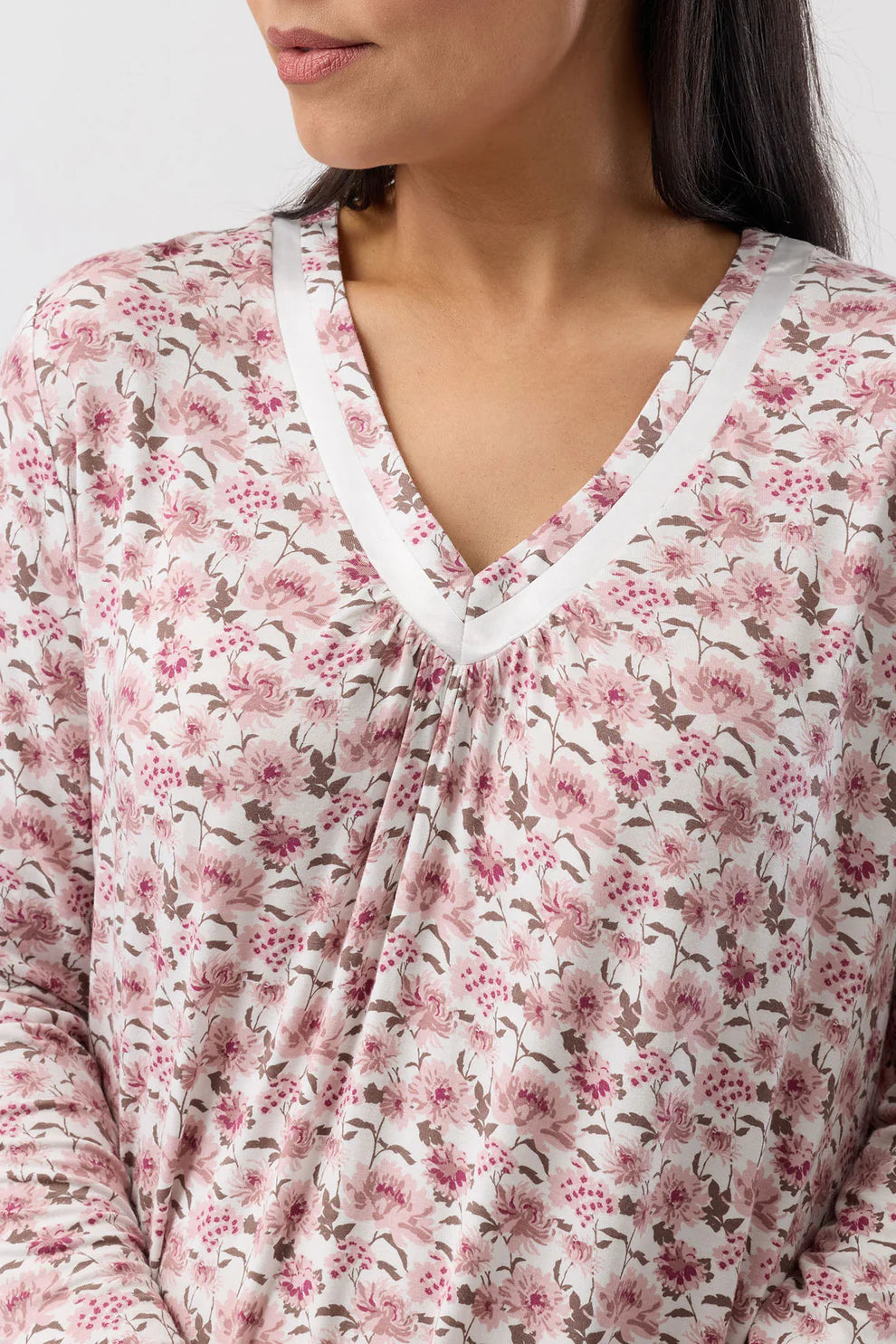 YUU Bloom long sleeve nightie in Bordeaux color, soft sleepwear with floral pattern and comfortable fit, ideal for cozy nights.