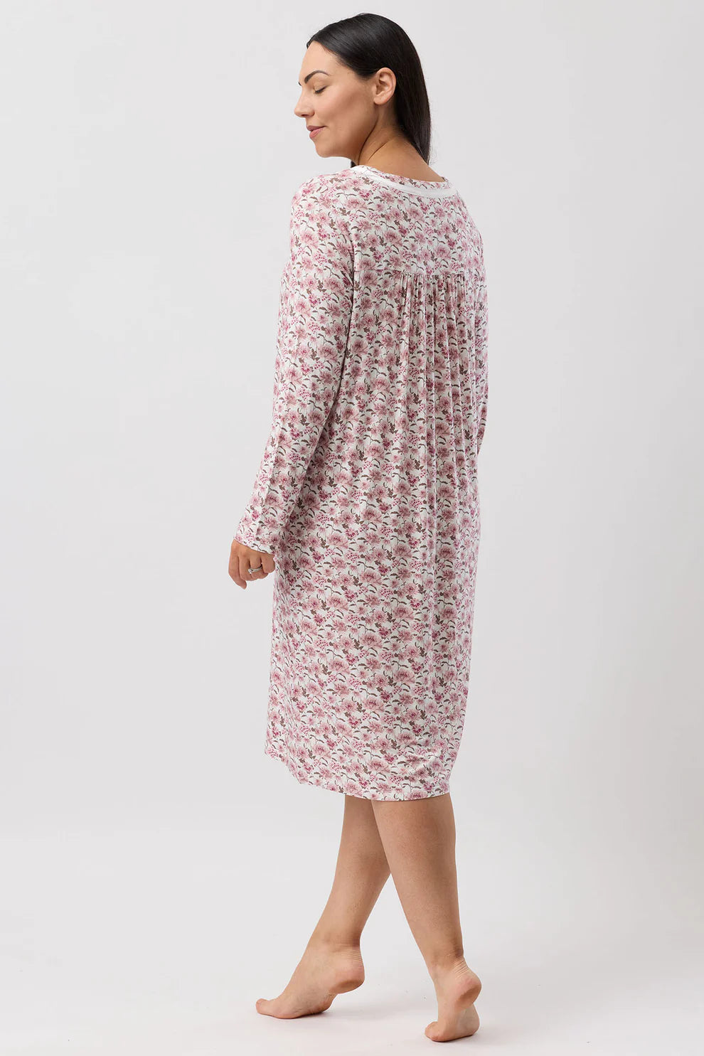 YUU Bloom long sleeve nightie in Bordeaux color, soft sleepwear with a relaxed fit and floral pattern, comfortable for nightwear.