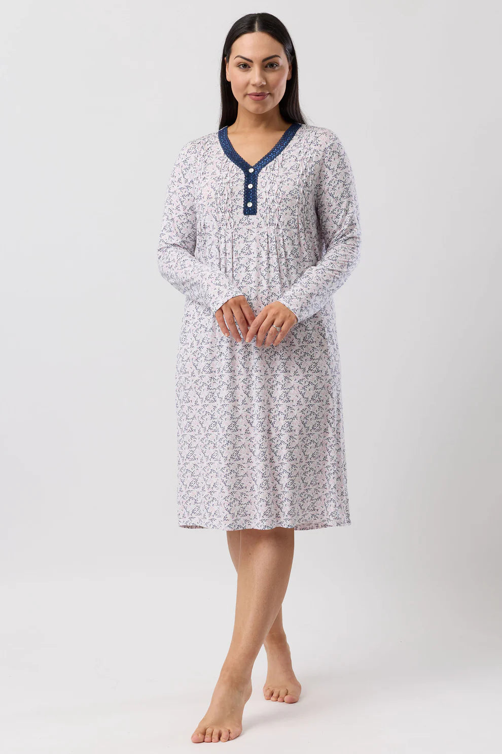 Navy Jardin Smocking Nightie by YUU sleepwear, featuring soft fabric and delicate smocking details for comfortable nighttime wear.