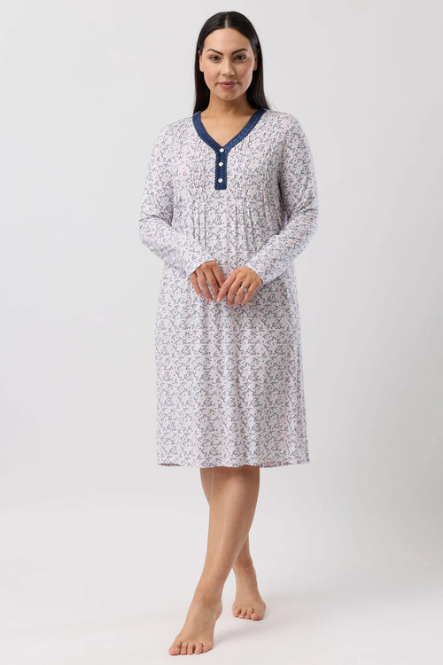 Navy Jardin Smocking Nightie by YUU sleepwear, featuring soft fabric and delicate smocking details for comfortable nighttime wear.
