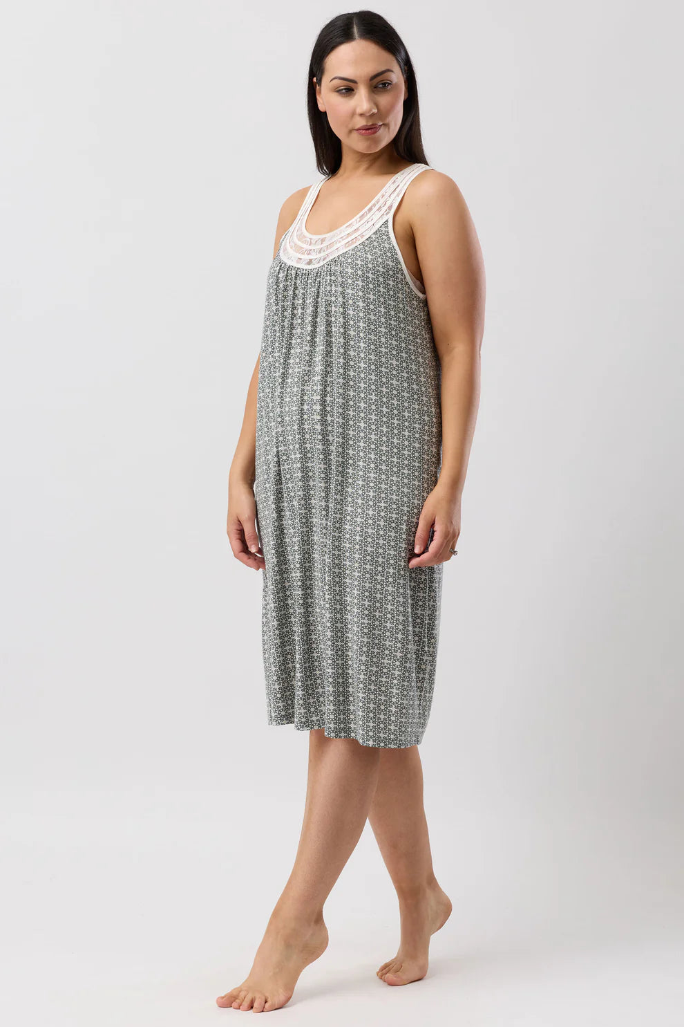 YUU Geo Chemise sleepwear in olive color, featuring soft fabric and relaxed fit, displayed on a hanger.