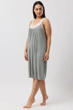 YUU Geo Chemise sleepwear in olive color, featuring soft fabric and relaxed fit, displayed on a hanger.