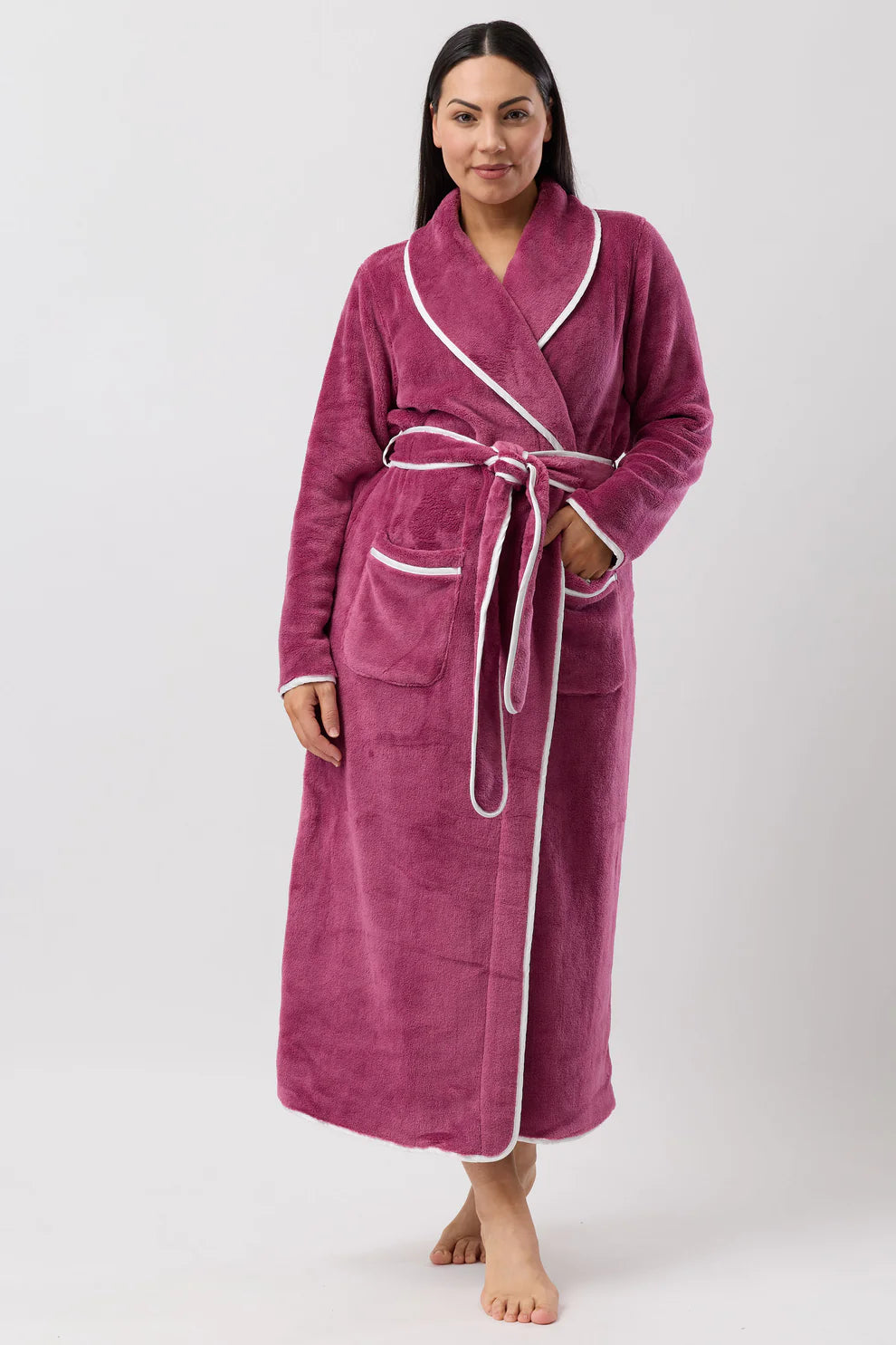 YUU satin trim fleece sleepwear robe in Bordeaux color, soft and cozy with luxurious satin accents, front view.