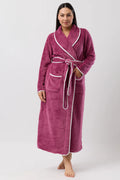 YUU satin trim fleece sleepwear robe in Bordeaux color, soft and cozy with luxurious satin accents, front view.