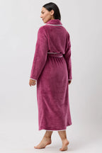 YUU satin trim fleece sleepwear robe in Bordeaux color with soft fleece fabric and elegant satin accents.