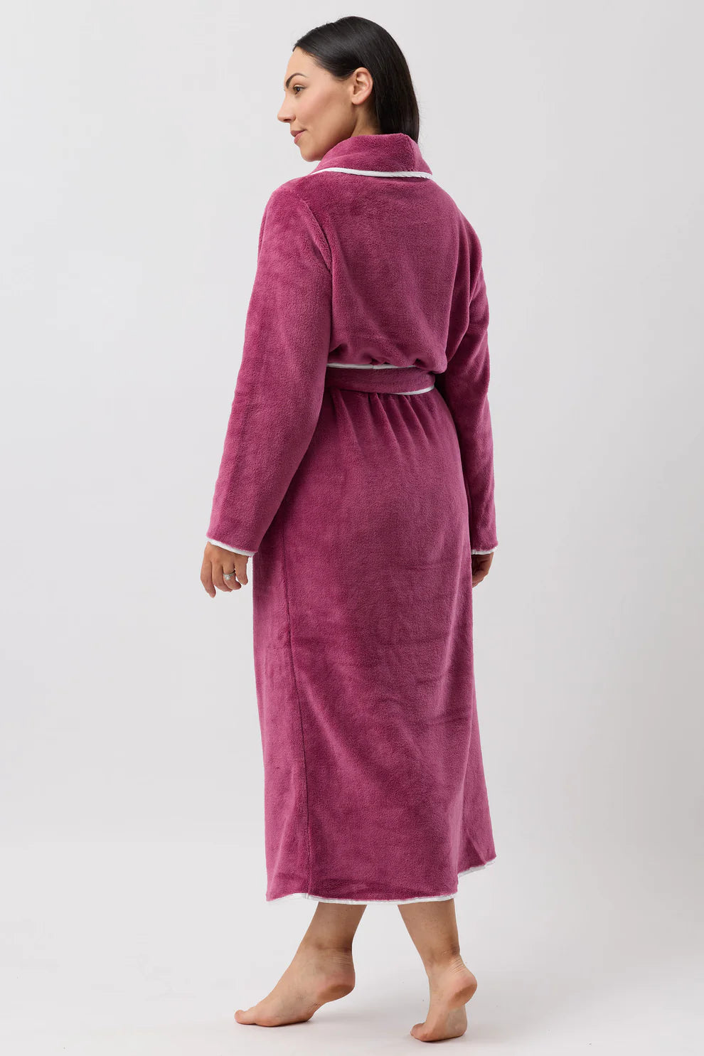 YUU satin trim fleece sleepwear robe in Bordeaux color with soft fleece fabric and elegant satin accents.