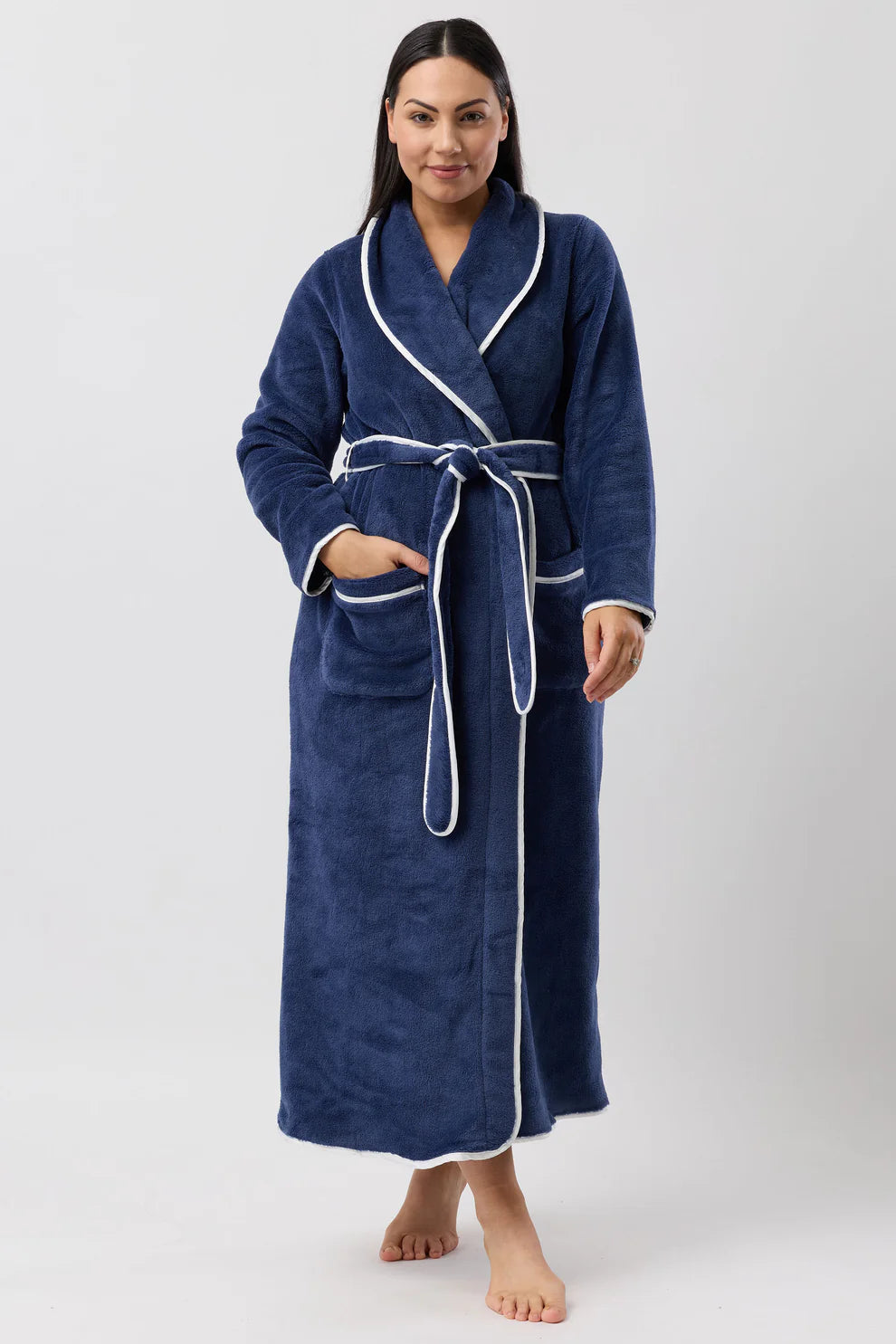 YUU navy satin trim fleece sleepwear robe with soft fleece fabric and elegant satin accents, perfect for comfortable lounging.