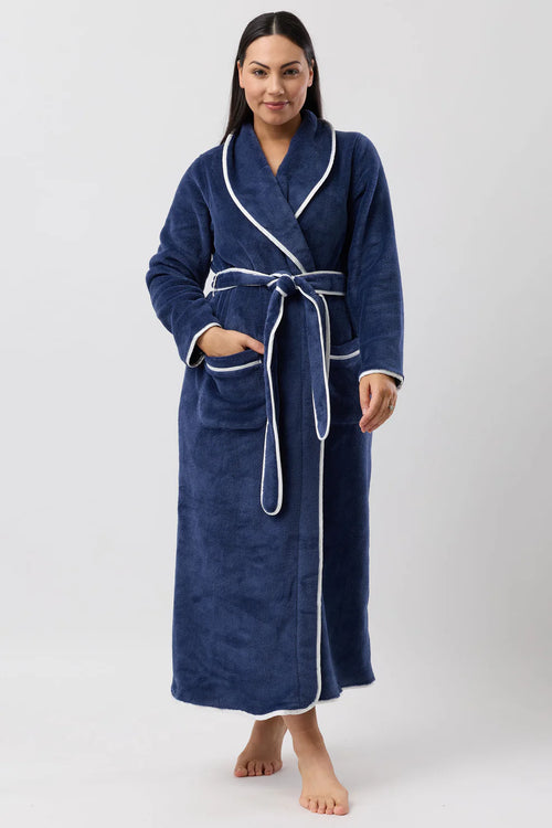 YUU navy satin trim fleece sleepwear robe with soft fleece fabric and elegant satin accents, perfect for comfortable lounging.