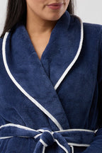 Navy satin trim fleece sleepwear robe by YUU, showing soft fleece fabric with satin accents and a cozy, relaxed fit.