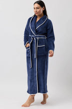 YUU navy satin trim fleece sleepwear robe displayed hanging, showcasing soft fabric and elegant satin accents for cozy comfort.