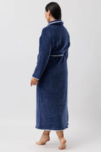 YUU Satin Trim Fleece Robe in navy, cozy sleepwear with satin accents, soft fleece fabric, and relaxed fit.