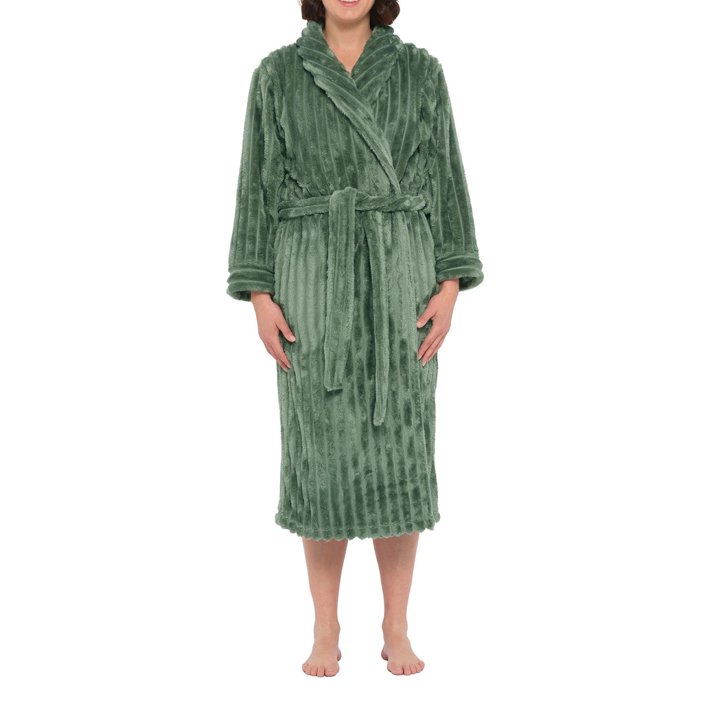 Magnolia olive jacquard fleece dressing gown with shawl collar, cozy sleepwear, front view showing detailed pattern and soft texture.