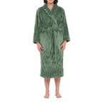 Magnolia olive jacquard fleece dressing gown with shawl collar, cozy sleepwear, front view showing detailed pattern and soft texture.