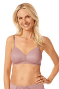 Mauve Amoena Danielle wirefree bra with padded moulded cups, adjustable straps, size 14AA
