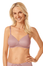 Mauve Amoena Danielle wirefree bra with padded moulded cups, adjustable straps, size 14AA
