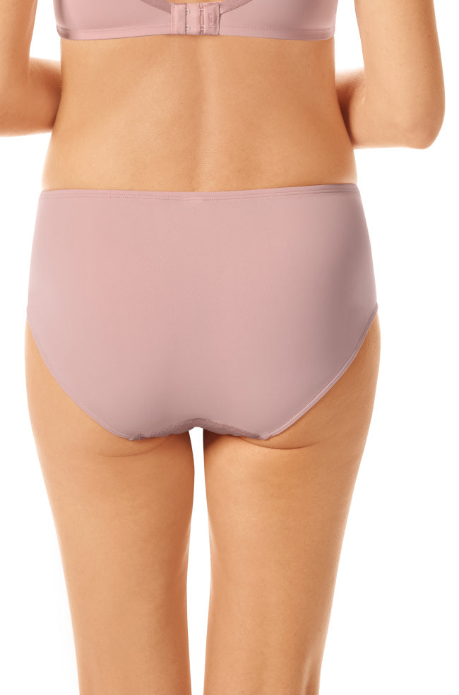 Mauve high waist brief with floral lace detail, made of soft microfibre, by Amoena, available in sizes 10, 12, 14.