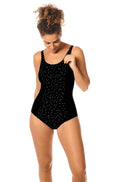 Black and white polka dot mastectomy swimsuit with adjustable straps, by Amoena, available in size 10, 12, 14.