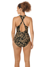 Black and gold animal print mastectomy swimsuit with UV50+ protection by Amoena, available in sizes 10, 12, and 14.