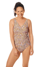 Multi-colored paisley mastectomy swimsuit with adjustable straps and UV 50+ protection by Amoena