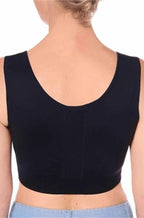 Black zip compression bra by Amoena with anatomical cups for post-surgery support, available in various sizes.