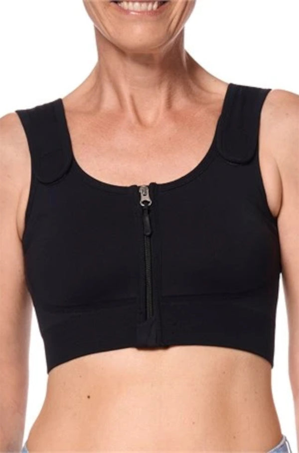 Black Pamela Post Surgery Zip Compression Bra by AMOENA, showing front view with medical zipper closure and supportive design.