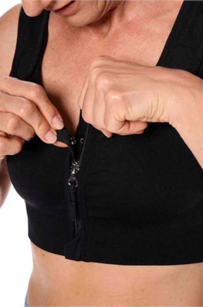 Black zip compression bra from Amoena featuring anatomical cups, adaptive fit, suitable for post-surgery wear.