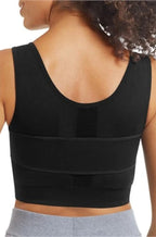 Amoena black zip compression bra with anatomical cups, adaptive fit for post-surgery support, available in multiple sizes.