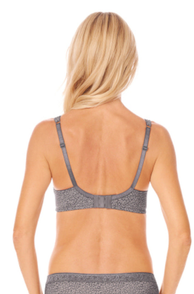 Dark grey print wirefree padded bra with adjustable straps, size 10B by Amoena