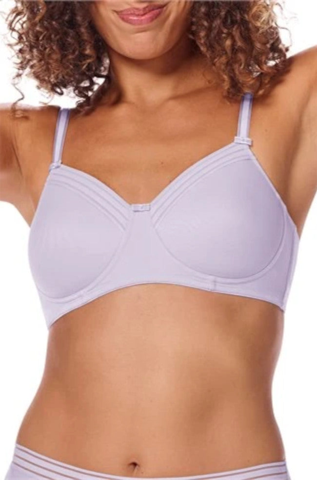 Lavender Rhoda wire-free T-shirt bra by Amoena, featuring soft contouring and adjustable straps.