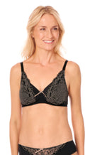 Amoena Alina wirefree padded mastectomy bra in black and sand, featuring supportive cups and comfortable design.